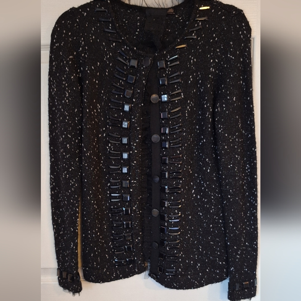 Feather & Feather Black Silver Metallic Lacy Cardigan Size Large Like New